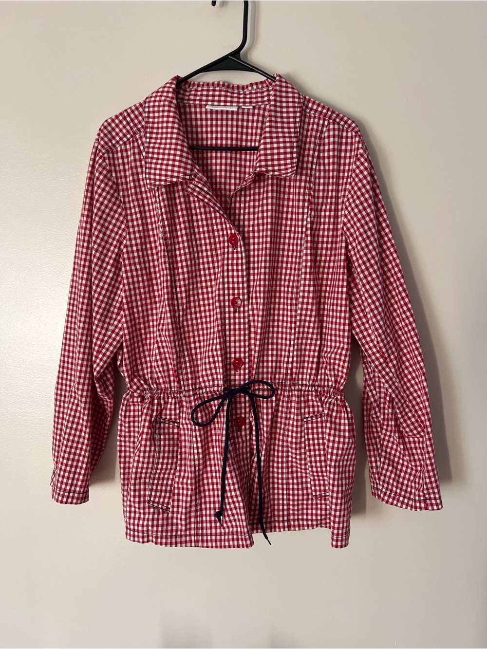 D&Co Red Gingham Utility Shirt Jacket XL Cottagecore Drawstring Waist - Picture 2 of 9